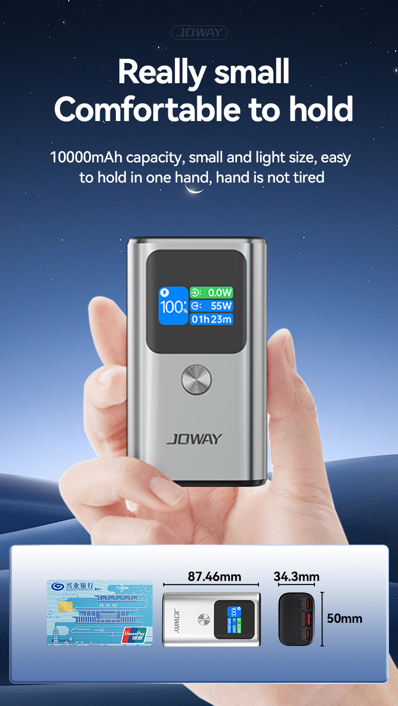 10000mAh capacity,small and light size,easy to hold in one hand, hand is not tired.