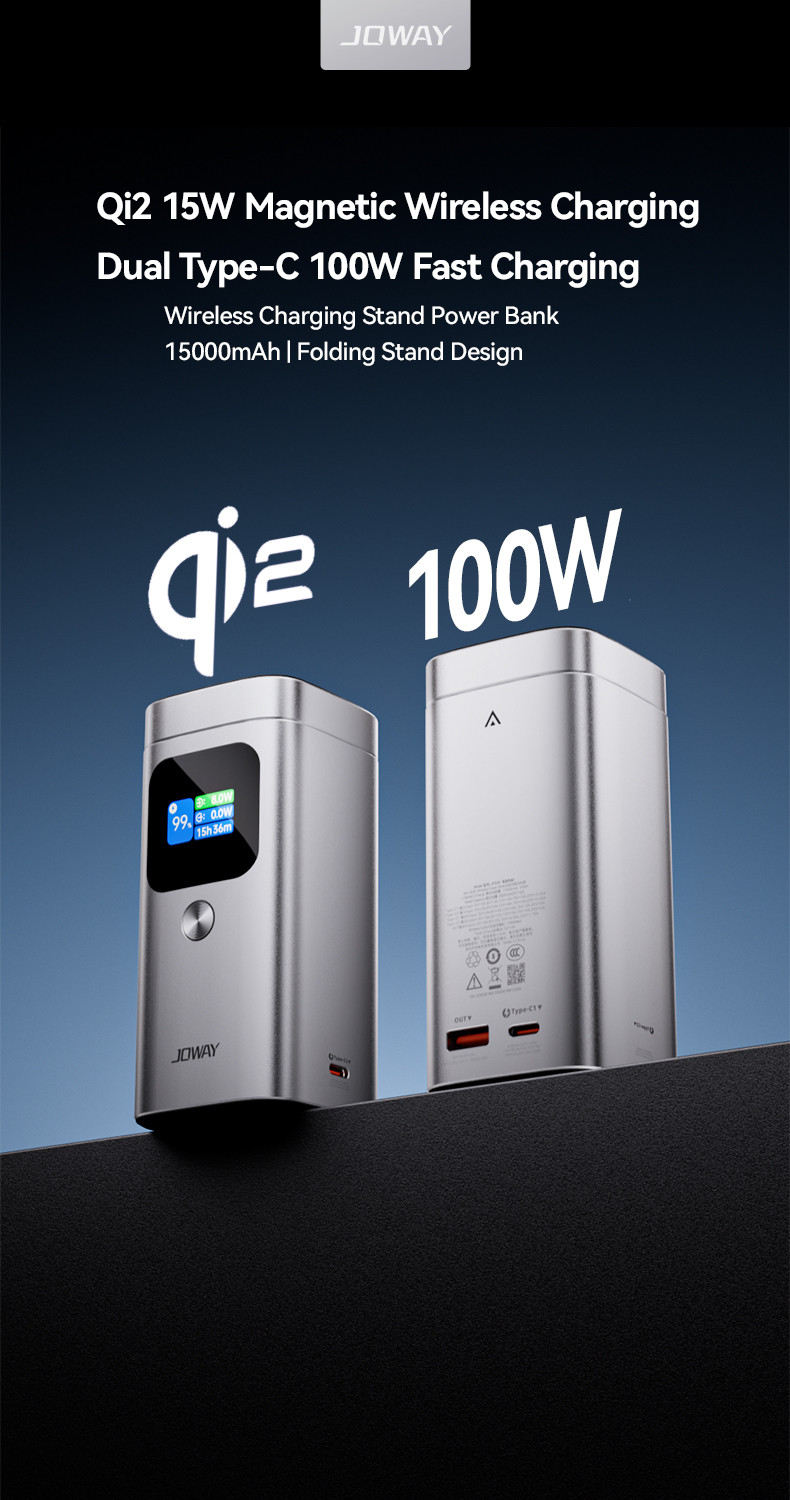15000mAh power bank,Qi2 15W Magnetic Wireless Charging,Dual Type-C 100W Fast Charging
