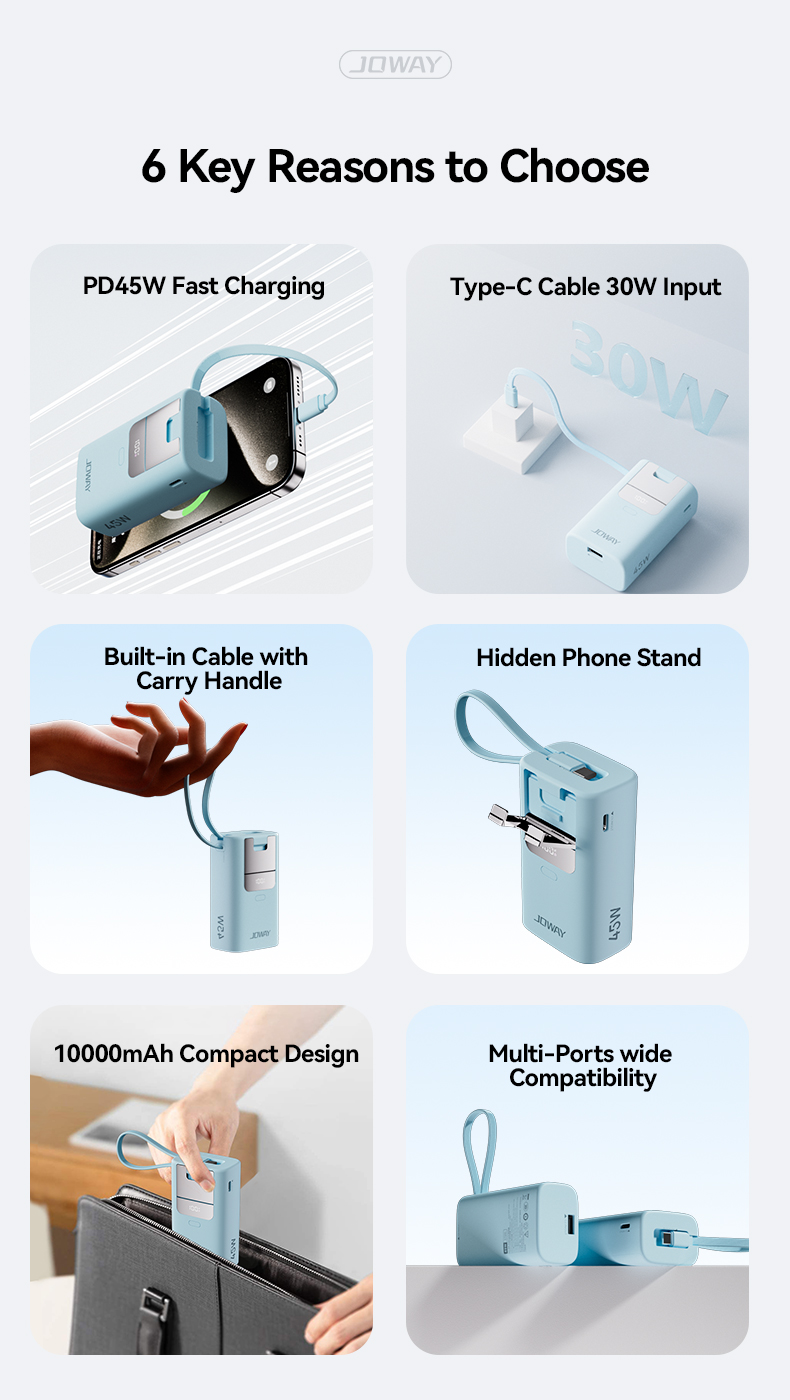 6 Key Reasons to Choose 1.PD45W Fast Charging 2.Type-C Cable 30W Input 3.Built-in Cable with Carry Handle 4.Hidden Phone Stand 5.10000mAh Compact Design 6.Multi-Ports wide Compatibility