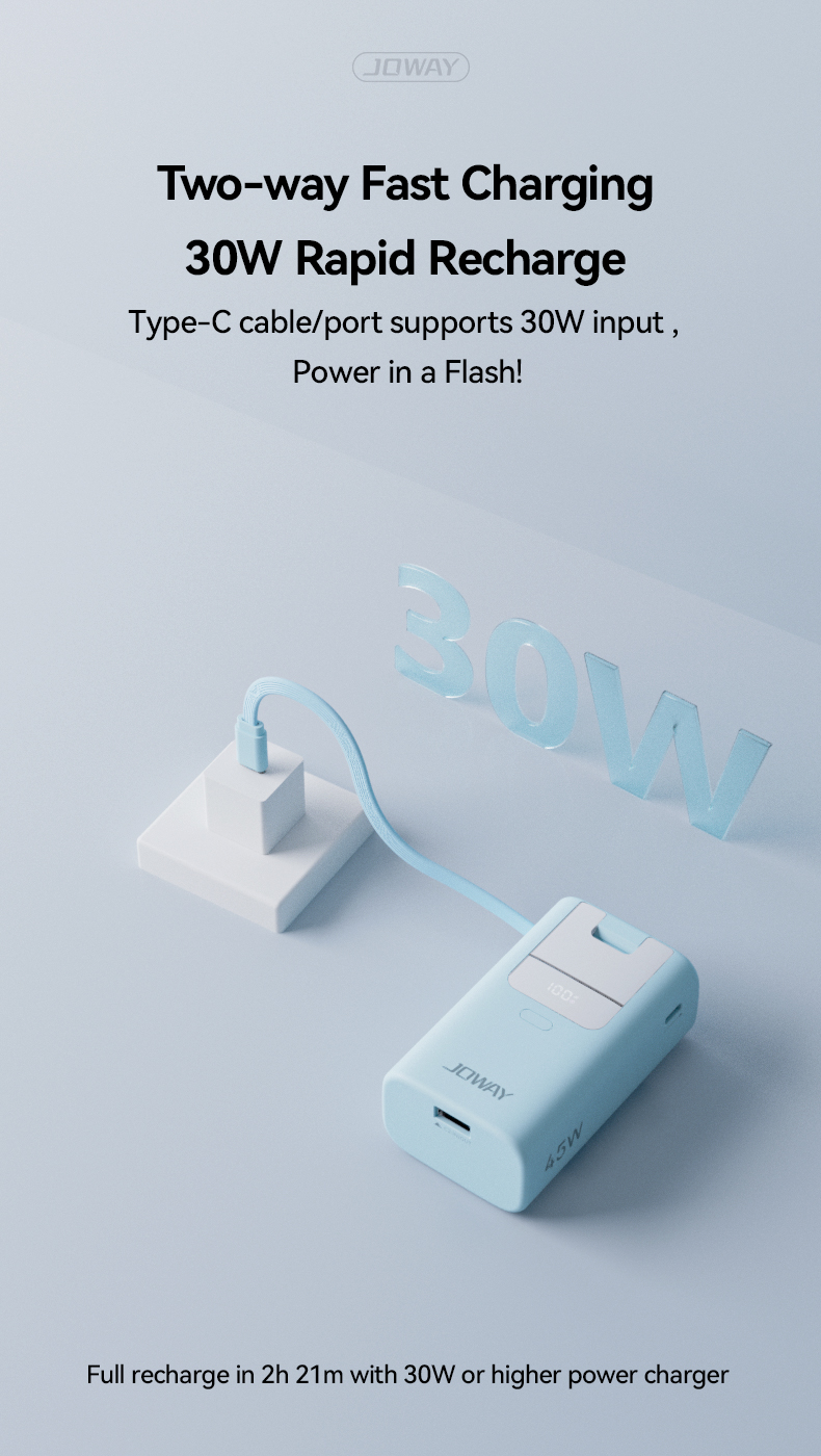 Type-C cable/port supports 30W input , Power in a Flash!