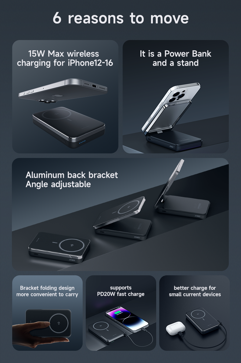 1. 15W Max wireless charging for iPhone12-16 2. It is a power bank and a stand 3. Aluminum back bracket, Angle adjustable 4. Bracket folding design, more convenient to carry 5. Type-C port supports PD20W fast charge 6. better charge for small current devices