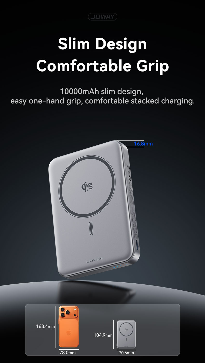 10000mAh slim design, easy one-hand grip, comfortable stacked charging