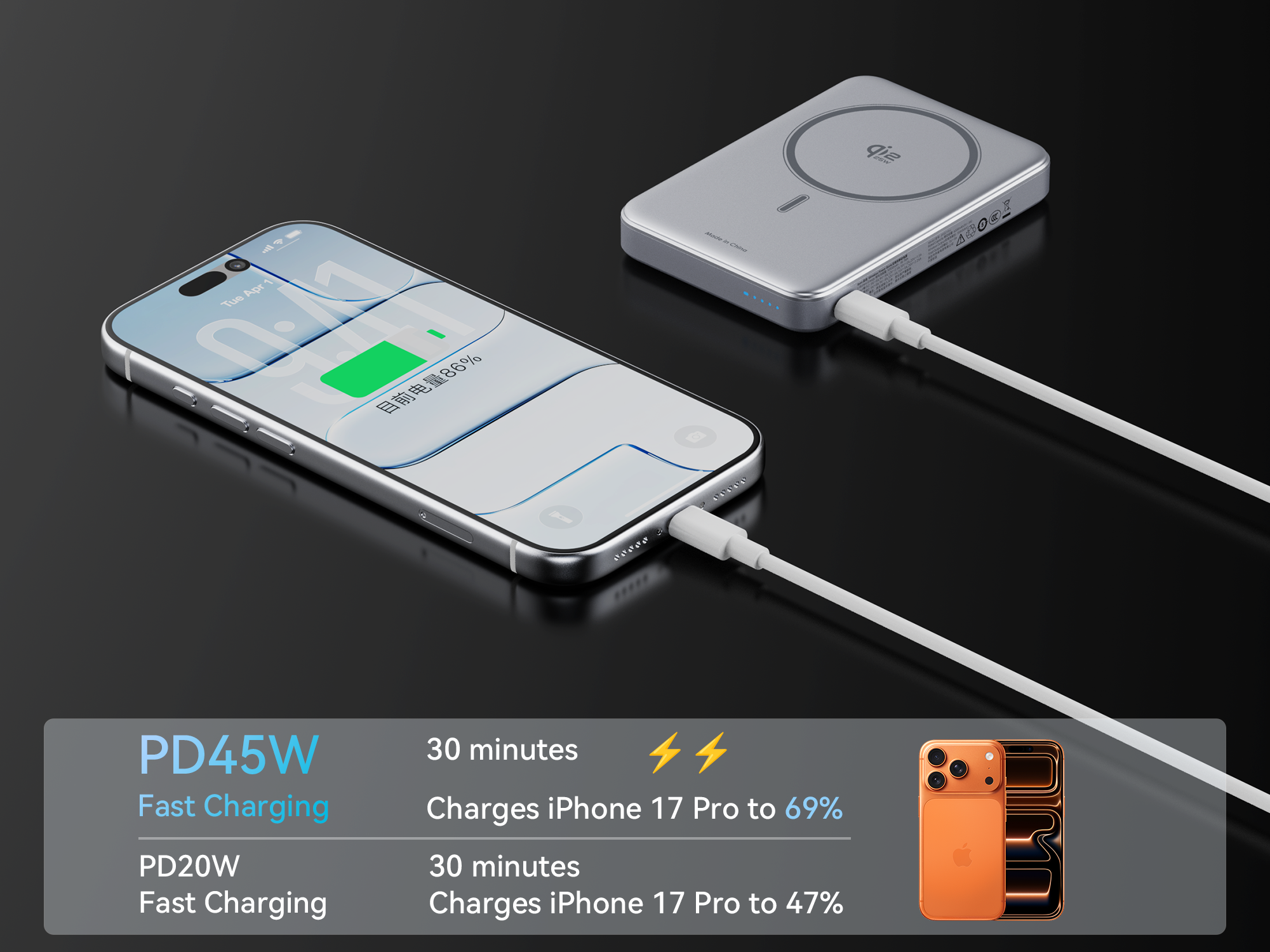 JP387 Pro 10000mAh magnetic power bank, PD45W Fast Charging, Charges iPhone 17 Pro to 69% in 30 minutes