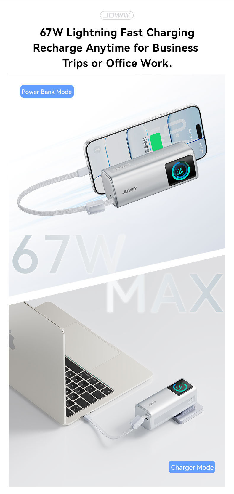 67W lightning fast charging, recharging anytime for business trips or office work.