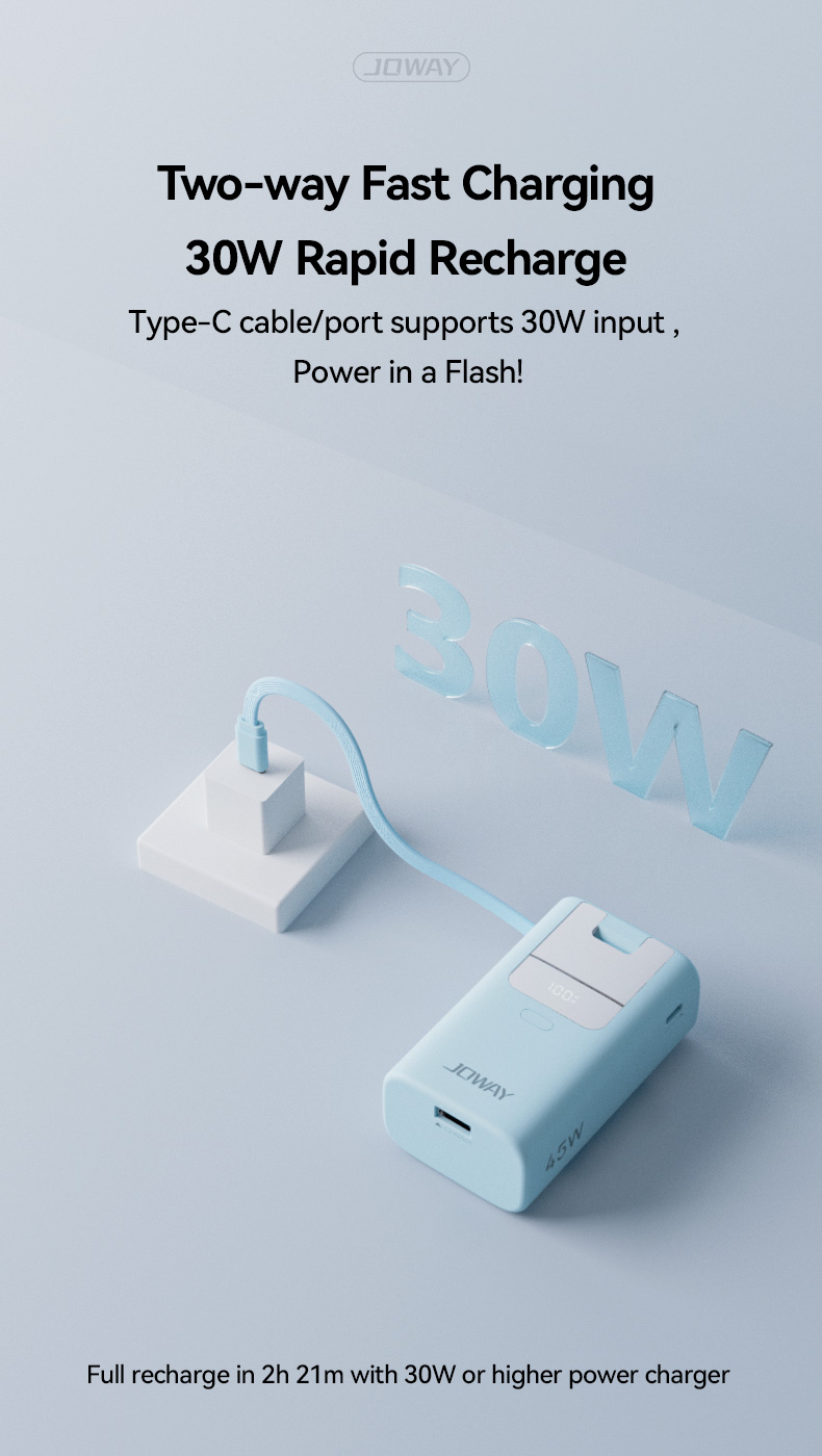 Type-c cable/port supports 30W input, power in a Flash!