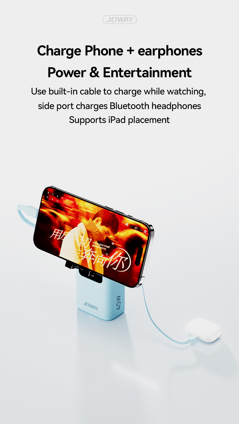 use built-in cable to charge while watching,side port charges Bluetooth headphones,supports ipad placement